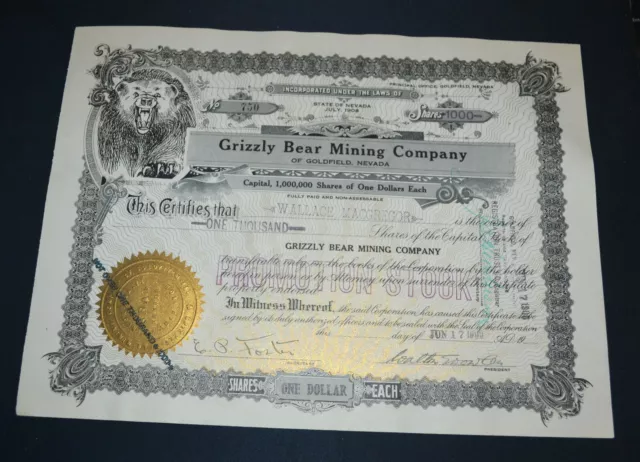 Grizzly Bear Mining Company 1909 antique stock certificate