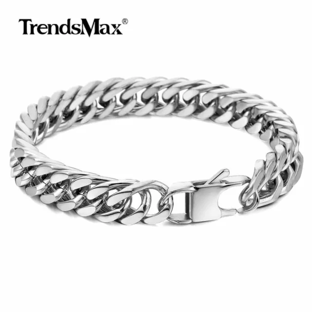 10mm Wide Cut Double Curb Link Rombo Mens Chain Bracelet 316L Stainless Steel