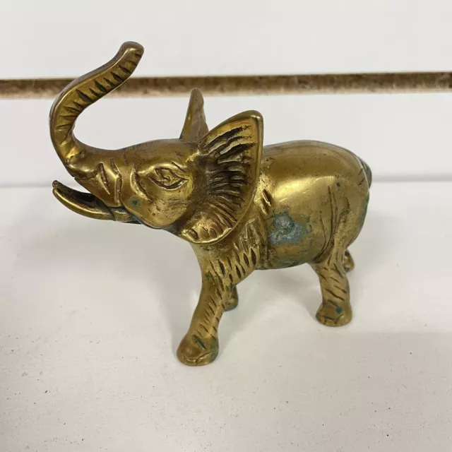 Vintage Heavy Solid Brass Elephant Statue Figurine Trunk Up Good Luck 4.5”