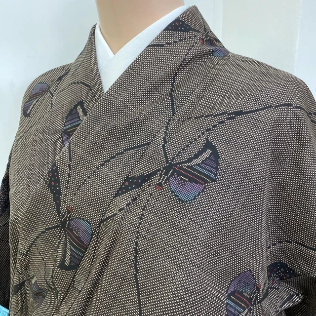 JAPANESE KIMONO TSUMUGI SYNTHETIC FIBER VINTAGE ANTIQUE 157.5cm 5' 2" 4468
