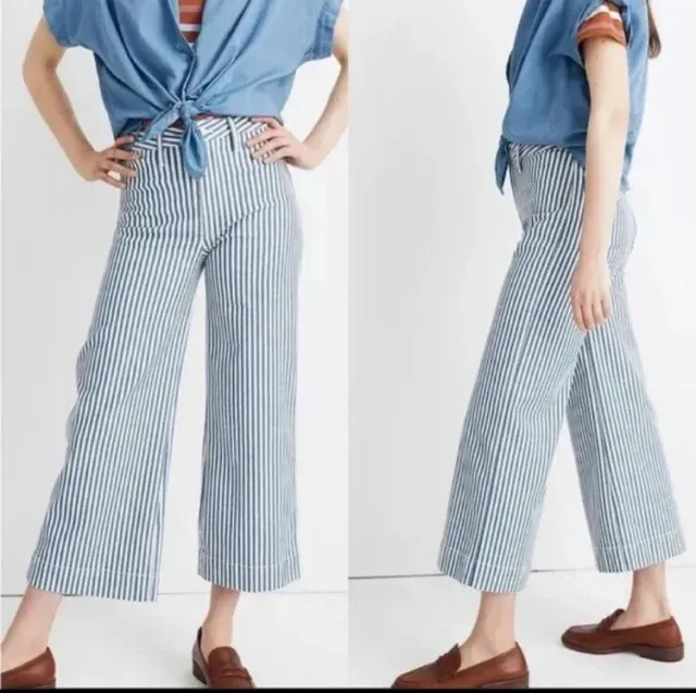 Madewell Pants emmett wide-leg Blue Striped railroad Cotton Women’s 29