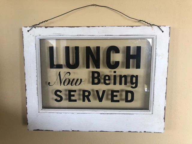 Vintage “Lunch Now Being Served” Glass Window Hanging Sign Vintage “Lunch Now Being Served” Glass Window Hanging Sign