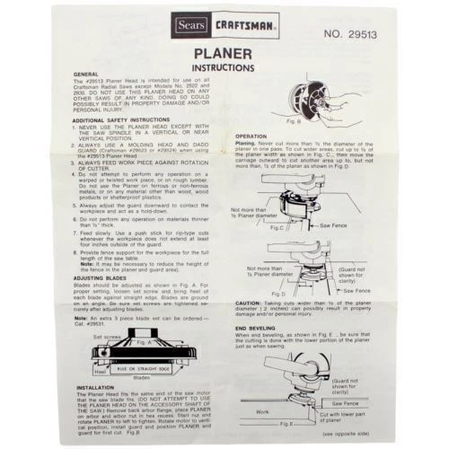 Craftsman CABEZA DE CEPILLADORA SEARS No 29513 INSTRUCCIONES Sierras de brazo radial 2922 2930
