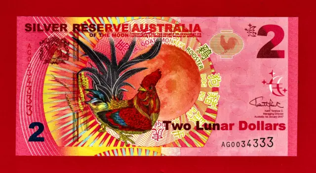 Australia SCARCE Two 2 Lunar Dollars, 2017, Silver Reserve, Rooster, UNC Note