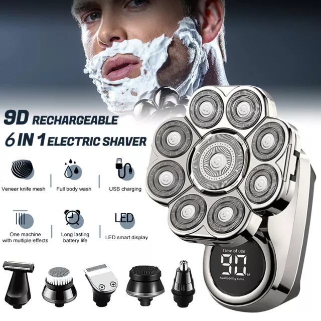 9D 6-in-1 Shaver Cordless Hair Trimmer Bald Head Razor Electric For Men Wet Dry