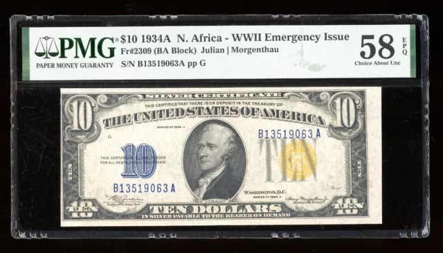 DBR 1934-A $10 North Africa Silver Fr. 2309 PMG 58 EPQ Serial B13519063A
