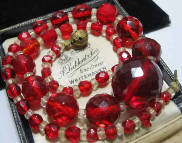 Vintage art deco red faceted glass crystal bead necklace 16", egg filigree clasp