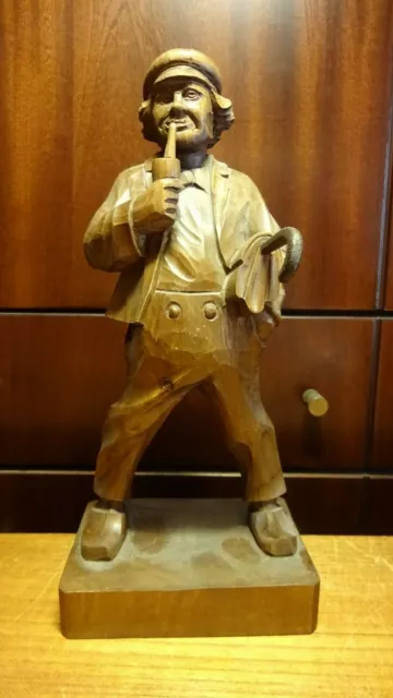 Antique 11" Hand Carved Wood Smoking Man Umbrealla Figure Statue German Gift