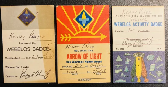 1970’s BOY SCOUTS OF AMERICA Arrow Of Light Weblos SCOUT AWARD CARD TROOP 723
