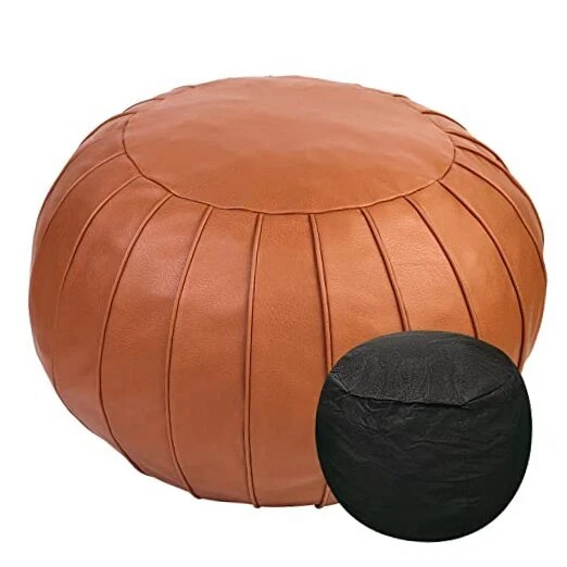 Stuffed Pouf Ottoman with Sponge Liner, Faux Leather Poufs, Pouf Stool Brown
