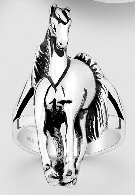 Solid Sterling Silver Galloping Horse Ring 8.5g 1.25"=32mm Wide EQUESTRIAN Sz 9