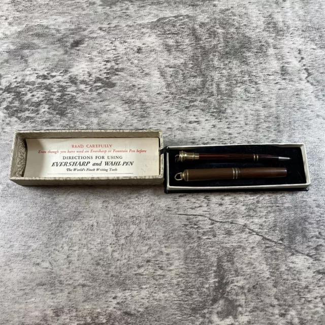 Antique Wahl Eversharp Wood Grain Hard RubberSet  FP & Pencil w/Box (Not Tested)