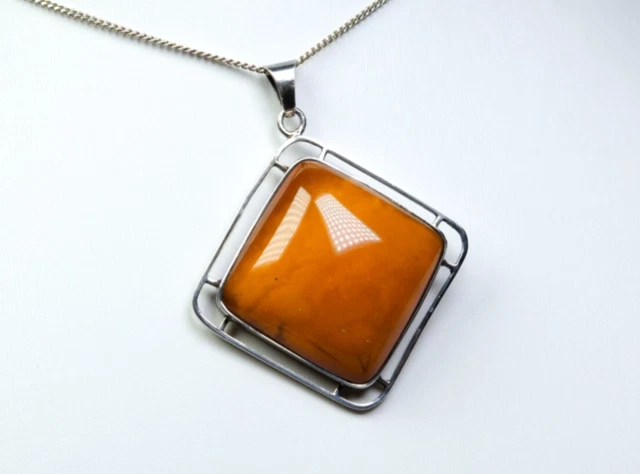 Pendentif Art Déco XXL Avec Ambre Et Longue Chaîne Argentée - Style Vintage Ancien