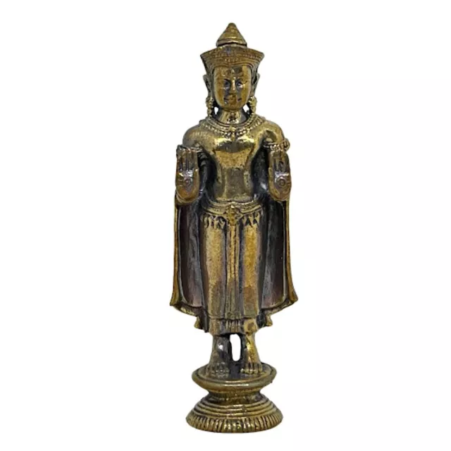 Khmer Standing Crowned Buddha Brass Statue Healing Amulet Ancient Style