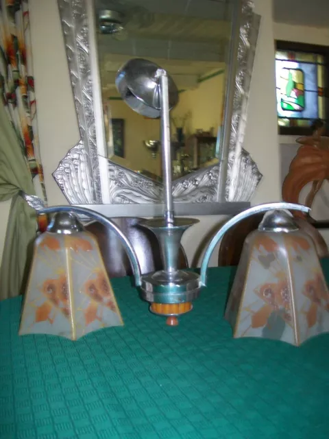 1930s Art deco ceiling chrome light with two frosted glass light shades