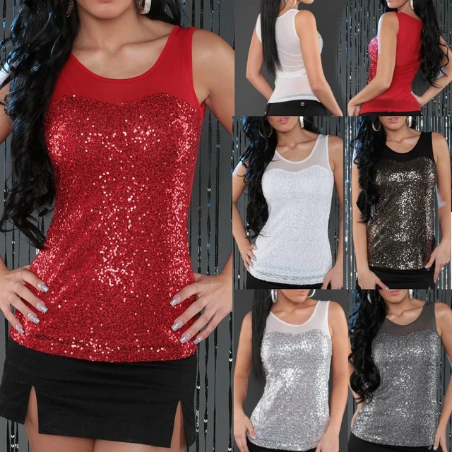 ♥SeXy Miss Damen Glitzer Pailletten TOP Netz Schulter Rücken S/M 34/36 M/L 36/38
