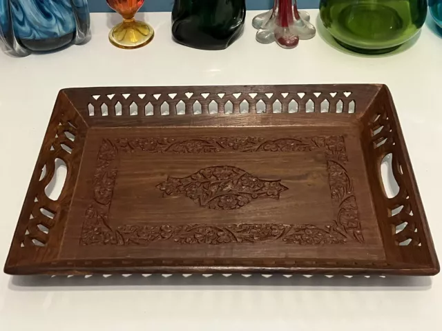 Vintage Hand Carved Wooden Serving Tray: Solid Wood, Floral Pattern, 15"x10"