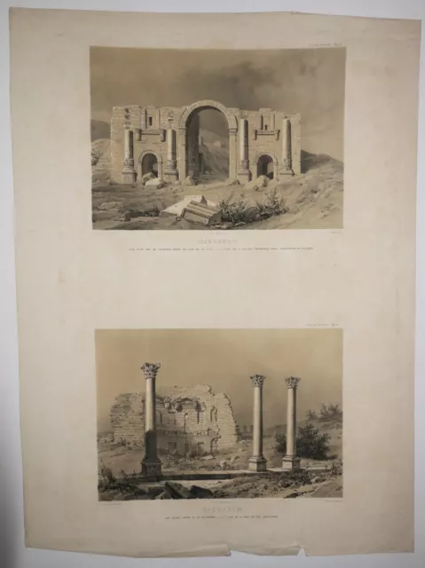 YRIE - MOYEN ORIENT - VUES de "DJERASCH". 19ème. Deux lithographies.