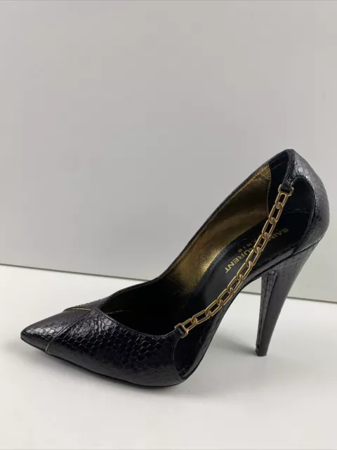 Saint Laurent Lola Chain Snakeskin-Embossed Leather Pointed Toe Heels Size 37.5 2