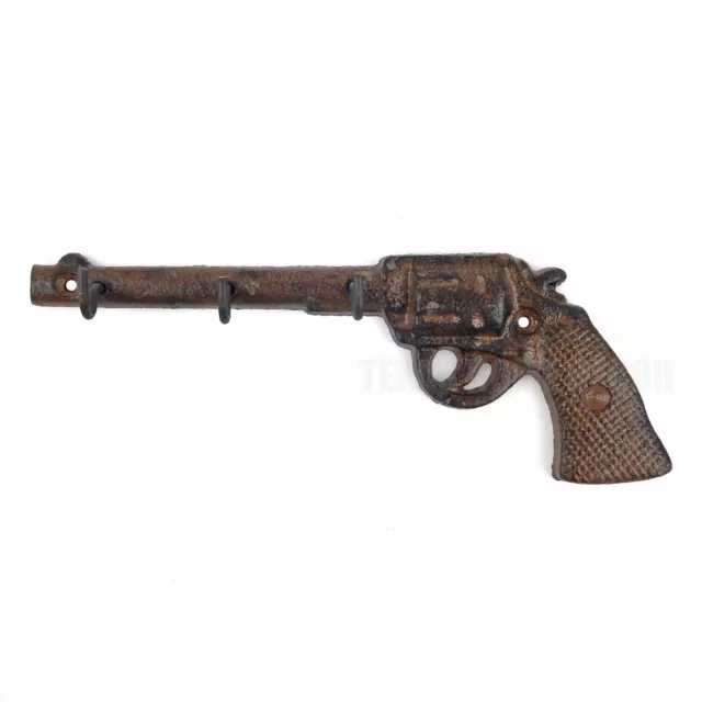 Gun Pistol Revolver Wall Hook Key Rack Cast Iron Rustic Western Brown Patina