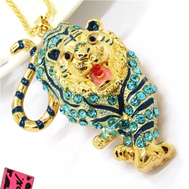 Betsey Johnson Rhinestone Bling Blue Tiger Crystal Pendant Chain Necklace 2