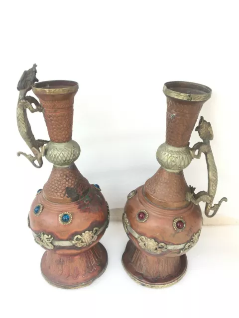 Old Vintage Copper Handmade Flower Vase Urn Dragon Pot Collectible Set 2 3