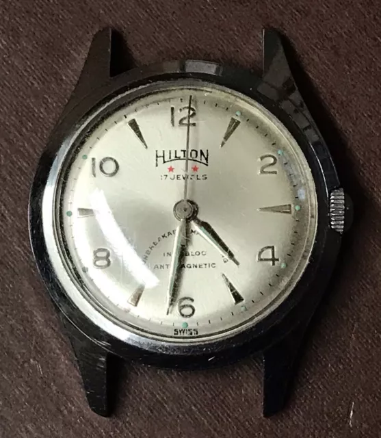 Vintage Hilton 17j Two Stars Swiss Men’s Windup Wristwatch Runs Well