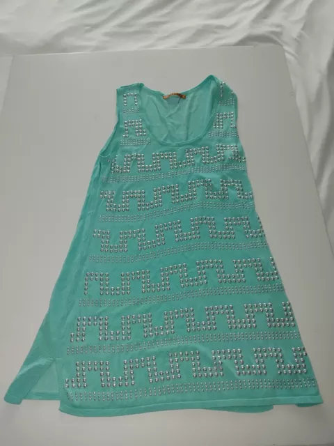 BELLDINI Woman Sleeveless Strait Slit Hem Embellished Top Turquoise Size XL New
