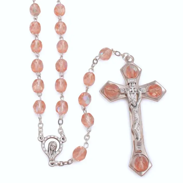 New Made In Italy Pink Aurora Borealis Crystal Bead Rosary W/ Large Crucifix