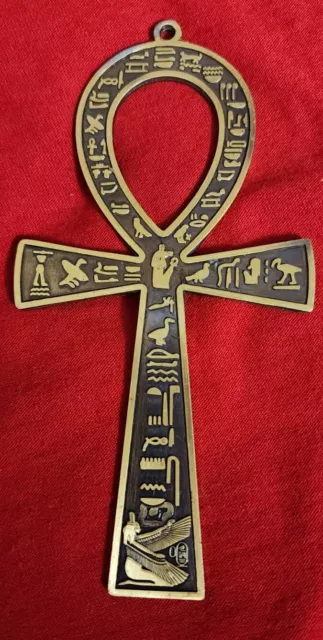 Egyptian Brass Ankh "Key of Life" Engraved Handmade Hieroglyphics Pendant 5x3"