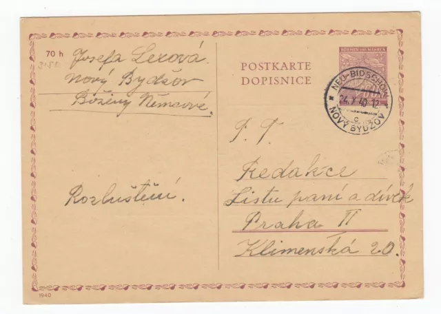 Böhmen & Mähren Postkarte Ganzsache Neu-Bidschow Nový Bydžov nach Prag 1940