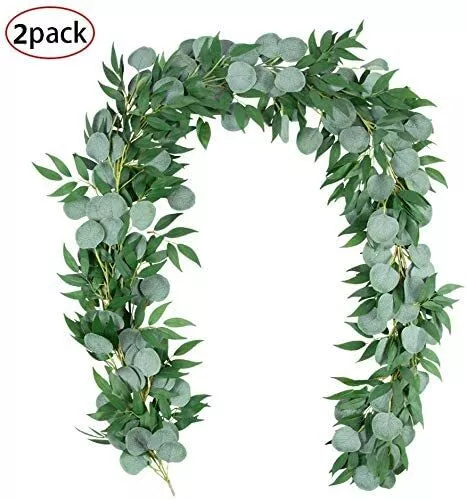 2PCS 6.5 FT Artificial Silver Dollar Eucalyptus Leaves Garland with ...