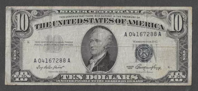 FR. 1706 Ten Dollars ($10) Series of 1953 Blue Seal Silver Certificate