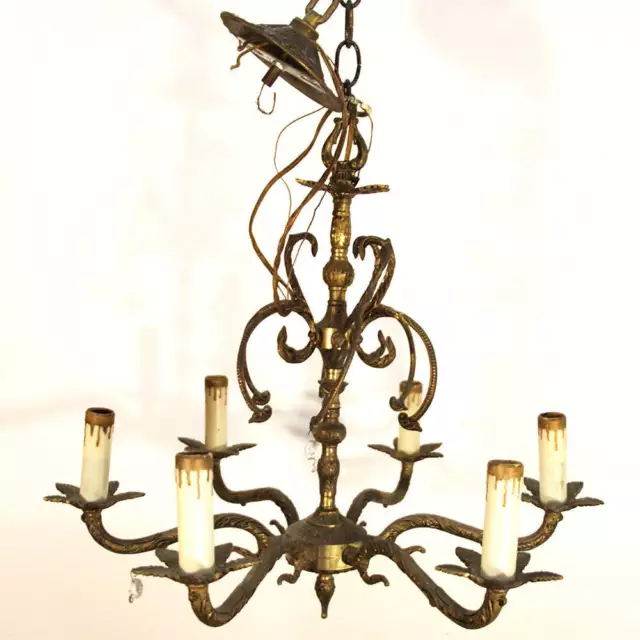 Antique Spanish Brass Chandelier 6 Light Floral Design Beautiful