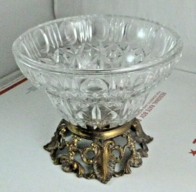 Vintage L&L Crystal Bowl Candy Dish with Brass Base Clear Cut Glass #6932