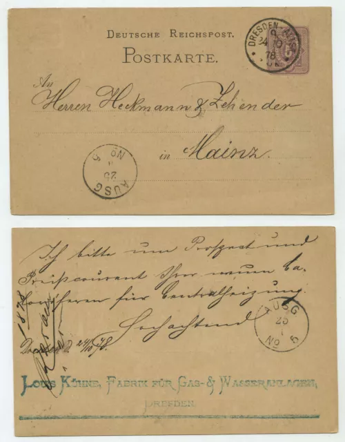 91075 - Ganzsache P 5 - Postkarte - Dresden-Altst. 24.10.1878 nach Mainz