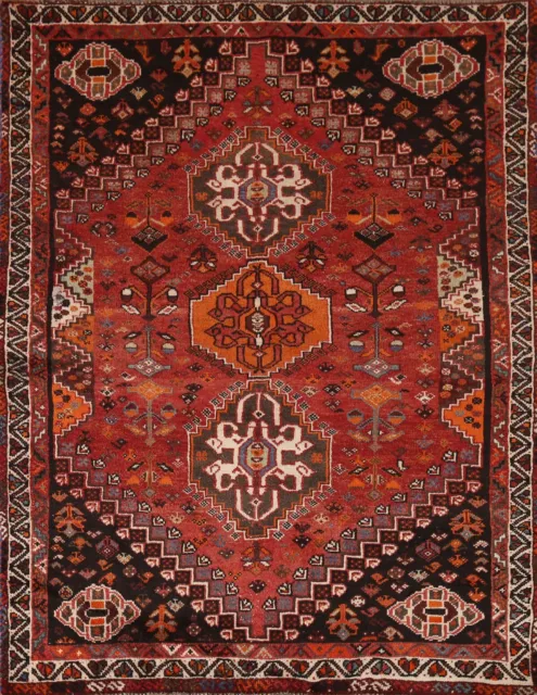 Red Vintage Abadeh Geometric Area Rug 4x5 ft. Hand-Knotted Wool Tribal Carpet