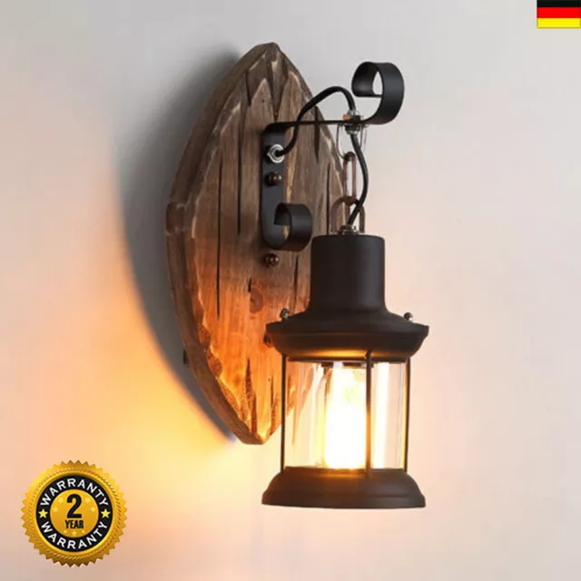 Vintage Wandleuchte Retro Holz Wandlampe E27 Industrielampe Laterne Licht DHL