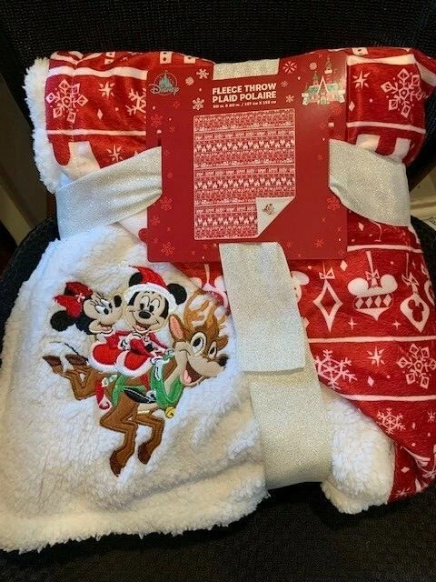 Disney Holiday Mickey & Minnie Mouse on Reindeer Fleece Throw Plaid Blanket NEW