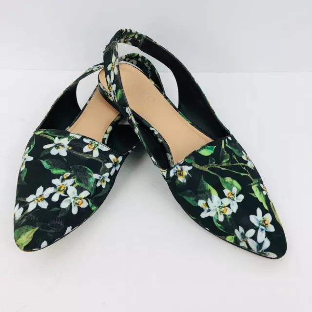 Franco Sarto Scarlett Slingback Flat Shoes Black Floral 8 Pointed Closed Toe