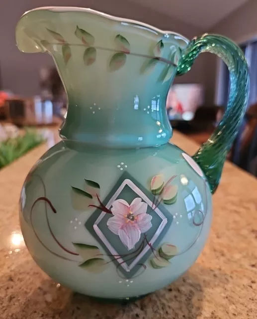 Fenton 75th Pitcher Vase Diamond Jubilee Green Hand Painted Signed L. Everson