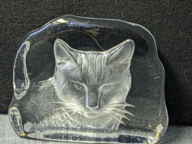 Cristal d'Arques Lead Crystal CAT Art Glass Paperweight Reverse Etched France