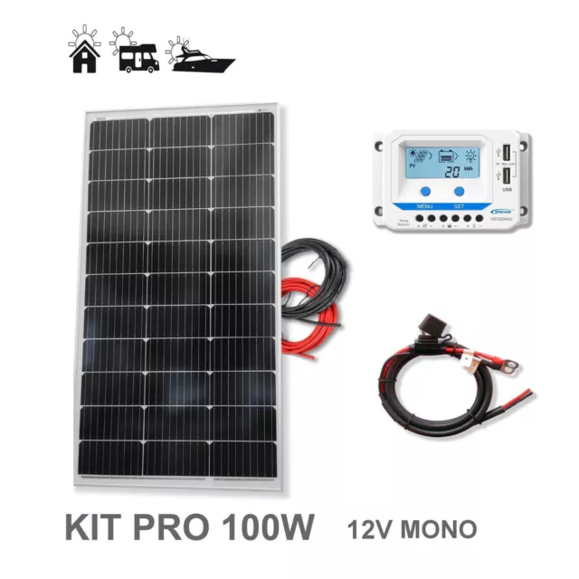 Panel Solar Monocristalino KIT 100W 12V células PERC. Autocaravana, camper