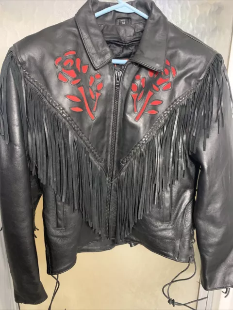 Women's Interstate Black Leather Red Rose Biker Fringe Jacket Coat Size M