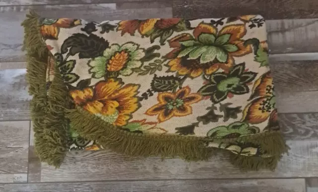 Vintage Tablecloth Knit Floral Avocado Green Fringe 1970s Harvest Gold 69x45