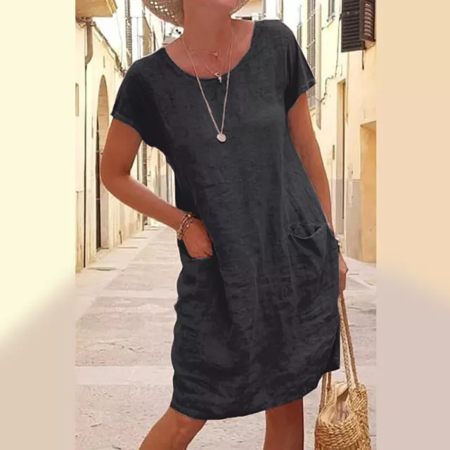 Womens Summer Cotton Linen Midi Dress Ladies Casual Loose Solid Pocket Dress +