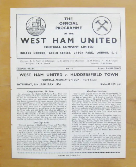 WEST HAM UNITED v HUDDERSFIELD TOWN FA Cup 1953/1954 Exc Cond Football Programme