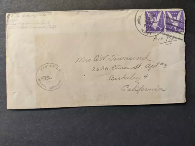 USS MARCUS ISLAND CVE-77 1944 Censored WWII Naval Cover Sailor's Mail