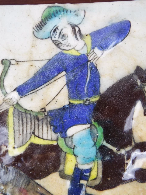 Antique Persian Glazed Tile Mounted Archer Hunting Style Qajar Tiger Islamic Art 2
