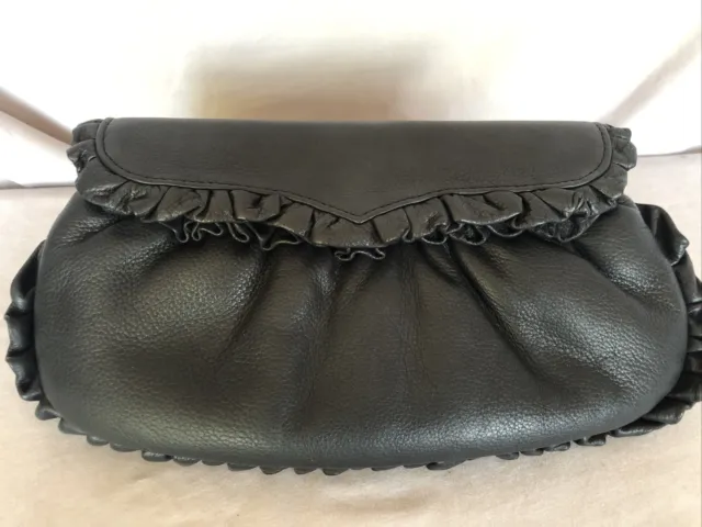 Vintage Treesje Black Soft Leather Ruffle Clutch Handbag Purse 13x7